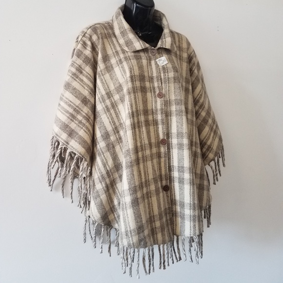 100% Wool Poncho Womens Collared Button Down - Picture 5 of 7